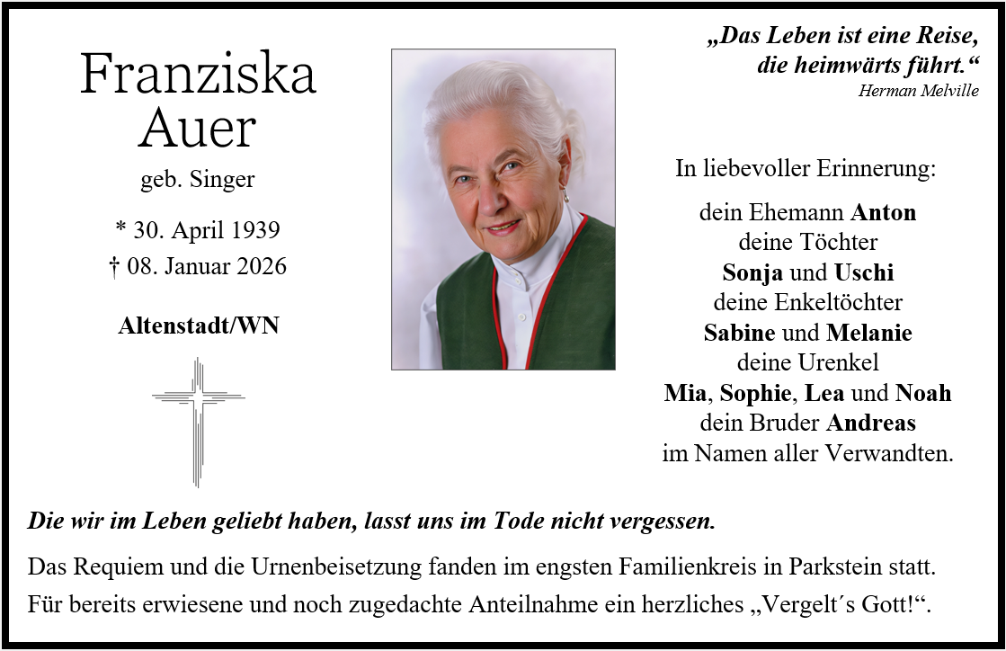 Traueranzeige Franziska Auer, Altenstadt/WN