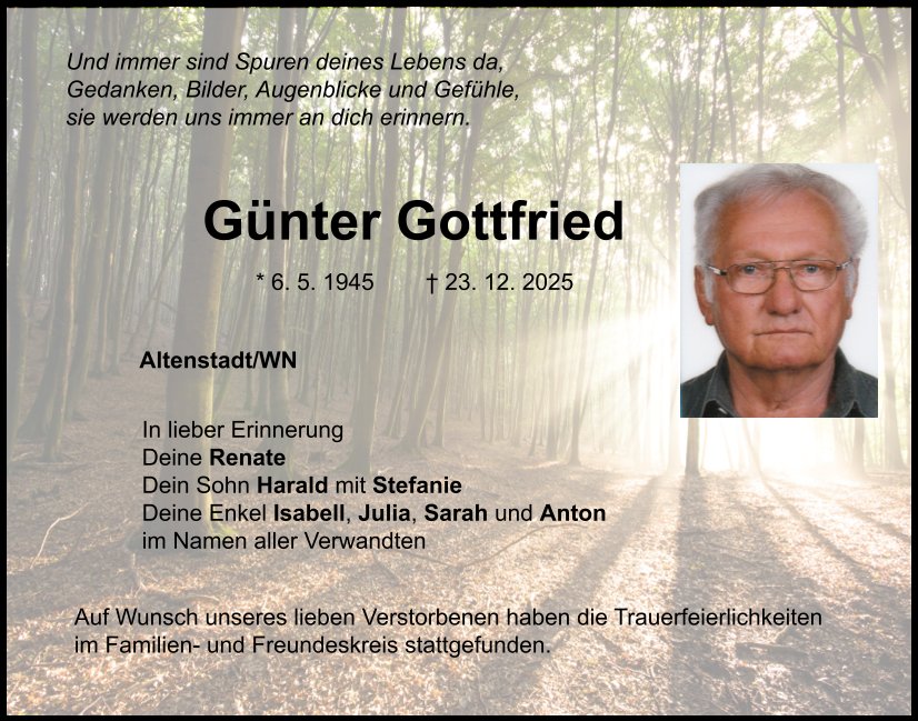 Traueranzeige Günter Gottfried, Altenstadt/WN