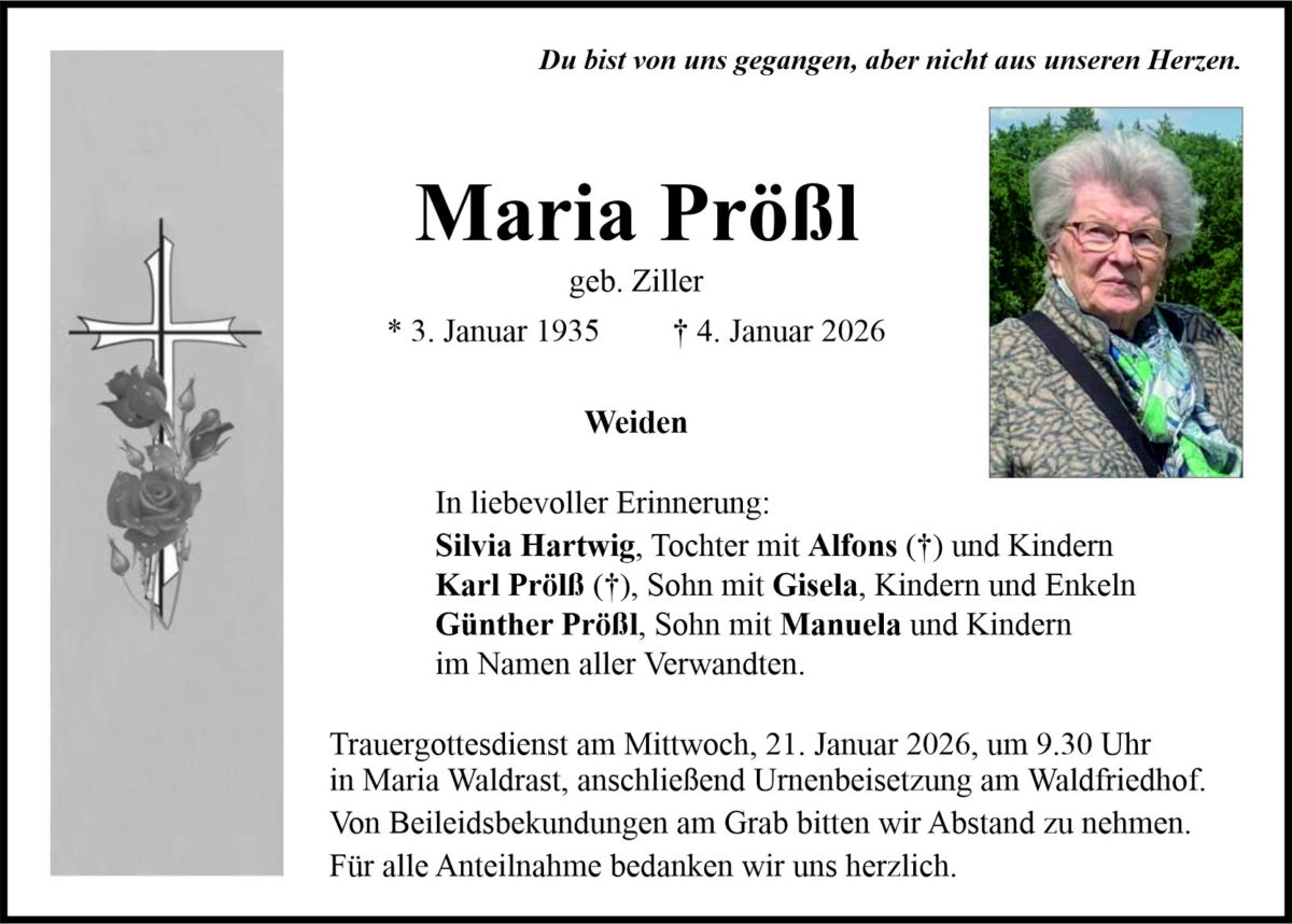 Traueranzeige Maria Prößl, Weiden