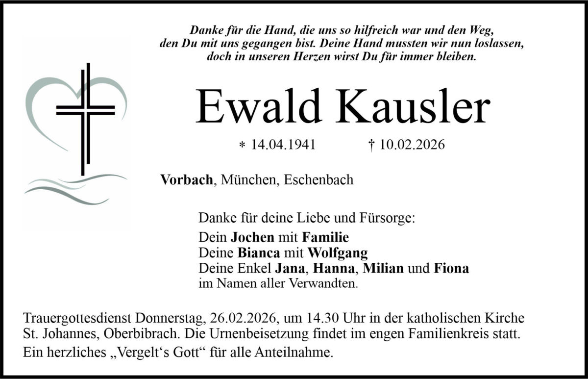 Traueranzeige Ewald Kausler, Vorbach